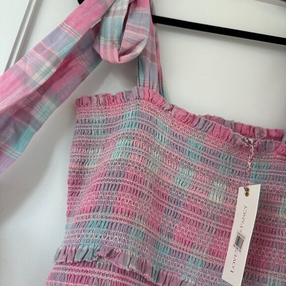 NWT LoveShackFancy Belle Mini Dress Pink Plaid Large Tie Shoulder Straps Smocked - Picture 6 of 10